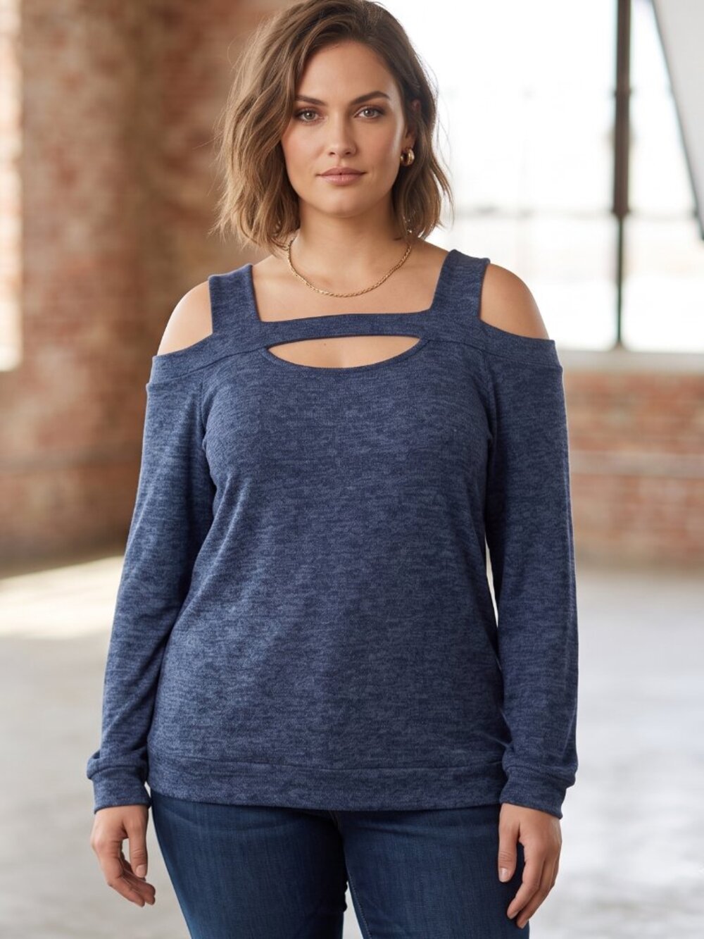 NWOT | Heathered Blue Off-the-Shoulder Long Sleeve Top | Cold Shoulder | XXL
